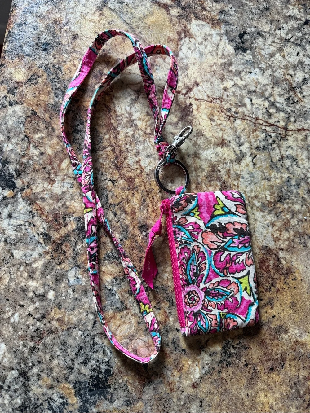 Vera Bradley Pink Floral Lanyard ID Holder with Key Ring